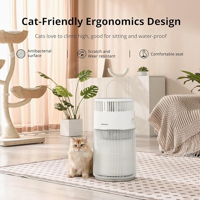 Pet Air Purifier, 3-in-1 HEPA Filter for Cat Hair Dander Odor Dust, for Home Large Room, Up to 1644 ft², Smart App Control, 360° Air Intake, W-Cat, White