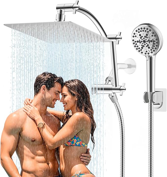 Hibbent All Metal Shower Head, 10'' High Pressure Rain Shower Head/Handheld Showerhead Combo with 16'' Adjustable Arc-shaped Extension Arm, 10 Sprays, 71'' Hose, Adhesive Showerhead Holder, Chrome