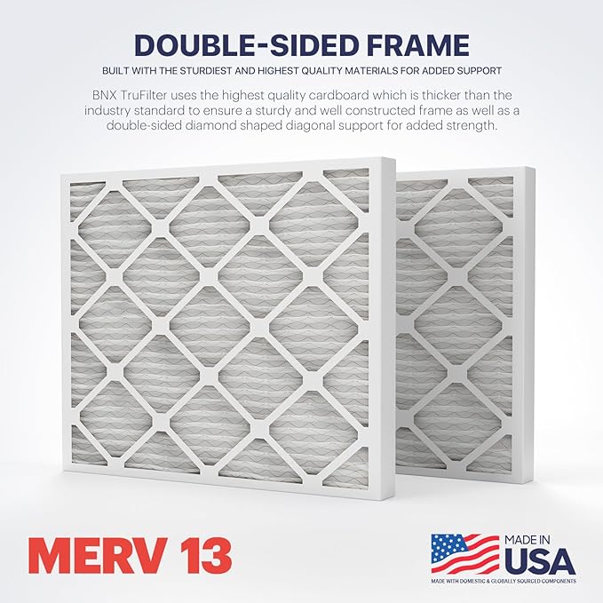 BNX TruFilter 20x25x2 MERV 13 (4-Pack) AC Furnace Air Filter - MADE IN USA - Electrostatic Pleated Air Conditioner HVAC AC Furnace Filters - Removes Pollen, Mold, Bacteria, Smoke