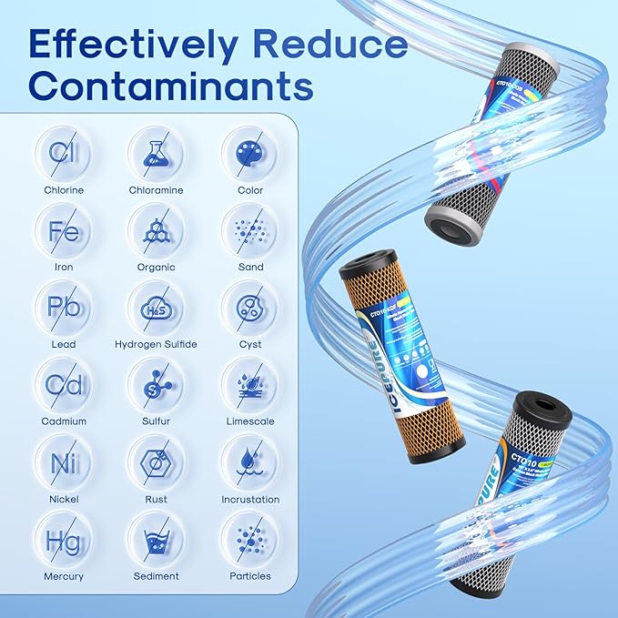 ICEPURE 3-Stage 2.5" x 10" Whole House CTO Activated Carbon Water Filter Set, Activated Carbon Block, KDF Cartridge and Upgraded Activated Carbon Heavy Metal Remove Filter Replacement Kit, Pack of 1