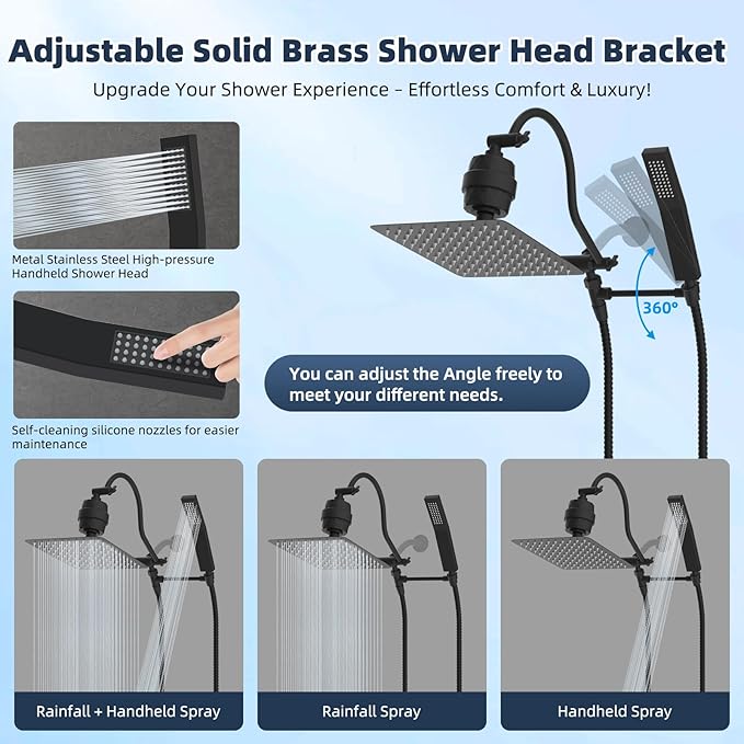 Hibbent All Metal 10'' Filtered Rainfall Shower Head Combo, High Pressure Handheld Shower Wand, 12'' Adjustable Extension Arm, 20 Stage Shower Filter, 71'' Hose, Shower Head Holders, Matte Black