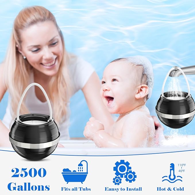 Bath Filter for Tub, 8 Stages Bathtub Water Filter Removes Hundreds of Contaminants for Softer, Smoother Skin 2500 Gallons of Filtration, BPA Free (Black)