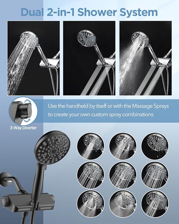 Filtered Shower Head with Handheld Combo Matte Black - Dual 2-in-1 Spa System with Massage Shower and 10 Modes Hand Held Shower, High Pressure with Built in Power Wash Mode