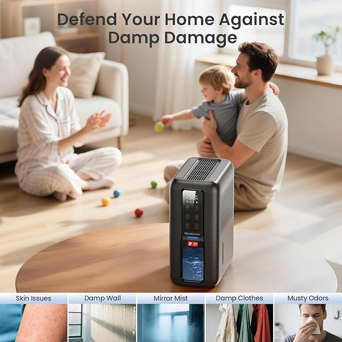 Dehumidifiers for Bathroom with Moisture Absorber Bag Reusable, 68 OZ Water Tank Portable Quiet Dehumidifier for Bedroom with Auto Shut Off, 7 Colors LED Light for Home, RV, Garage, apartment, Black