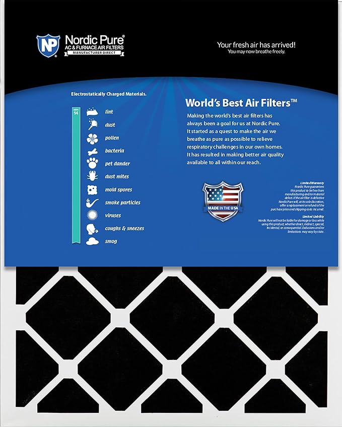 Nordic Pure 20x20x1 (19 1/2 x 19 1/2 x 3/4) Pleated Air Filters MERV 14 Plus Carbon 6 Pack
