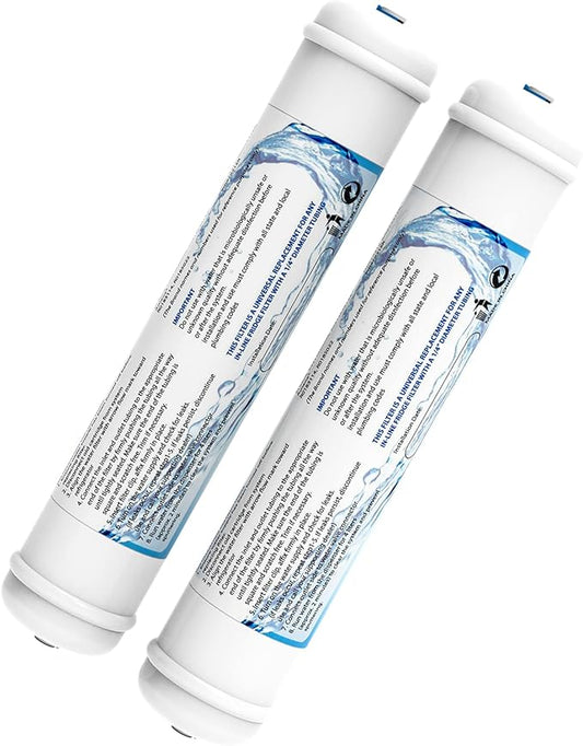 2 Pack Inline Water Filter 1/4" Quick-Connect Replacement Cartridge Inline Activated Carbon Block Filter for Refrigerator, Ice Maker, Under Sink System, Reduces Chlorine, Fluoride, Limescale and More