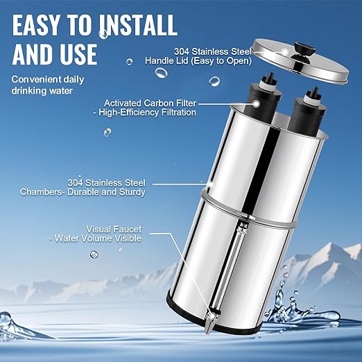 VEVOR Gravity-fed Water Filter System, 2.25G 304 Stainless-Steel Countertop System, Water Filtration System, Reduces Lead and up to 99% of Chlorine, with 2 Carbon Filters, and Water Level Spigot
