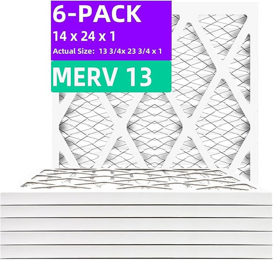 14x24x1 MERV 13 (6-Pack) Pleated Air Filter (Actual Size: 13.75" x 23.75" x 0.75") MPR 1900 & FPR 10, Furnace Air Filters