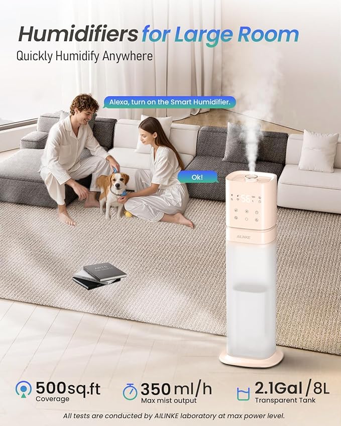 Smart Humidifier Large Room, 2.1Gal/8L Humidifiers for Bedroom with Extended Tube&Night Light, Whole House Cool Mist Humidifiers, WIFI App&Voice Control, School/Office/Warehouse, Pale Pink