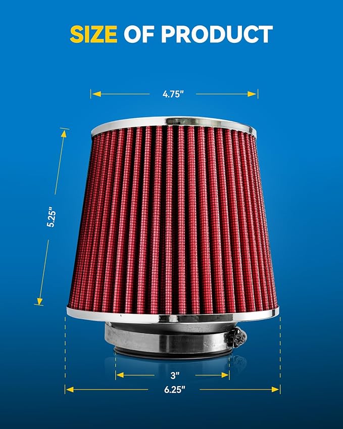 PHILTOP Universal Clamp-On Air Intake Filter, Premium, Washable, Replacement Air Filter: High Flow Air Filter 3" 76 mm Inlet