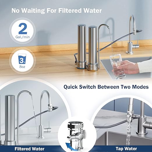 Frizzlife DS99 Countertop Water Filter System, 8-Stage Stainless Steel Water Filter for Sink Faucet, 0.5 Micron NSF Certified Elements Reduces 99.99% Lead, Chlorine, Heavy Metals, Bad Taste & Odor