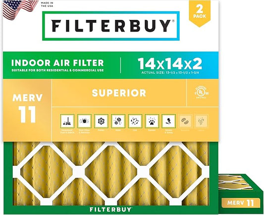 Filterbuy 14x14x2 Air Filter MERV 11 (MPR 1200) Allergen Defense Replacement (2-Pack), Electrostatic Pleated HVAC AC Furnace Filters, Made in USA (Actual Size: 13.50 x 13.50 x 1.75)
