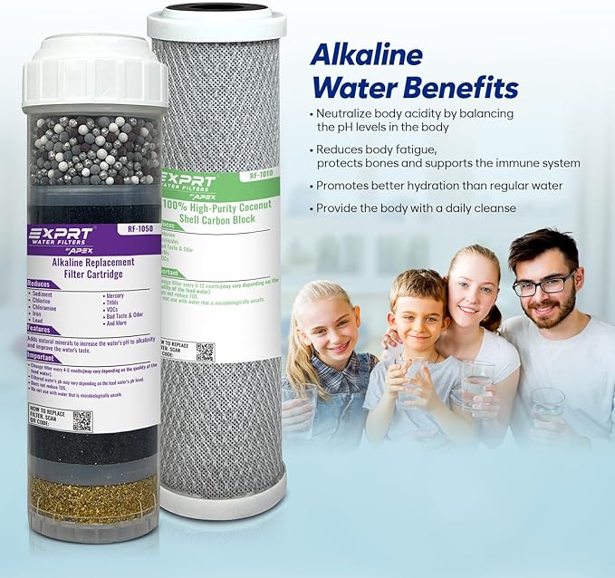 RF-2050 2-Filter Set, 2.5" × 10" Universal Fit - Alkaline Multi-Stage + Carbon Block - KDF-55 Activated Carbon - Mineral pH Balance - Reduces Chloramines, Chlorine, Heavy Metals, Taste & Odor