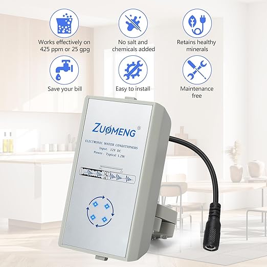 Electronic Water Descaler, Zuomeng Whole House Descaler with High Efficiency in Dissolving Scale for 2000-5000 sq ft Homes, 1.5” Pipes, Water Softener Alternative, No Chemicals, Salt or Filters
