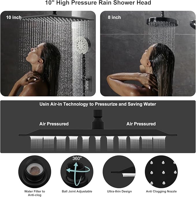 Shower Heads with Handheld Spray Combo 10" Matte Black High Pressure Rain Shower Head 11" Adjustable Extension Arm and 5 Settings Adjustable SUS 304 Handheld Showers, Shower Head Rainfall
