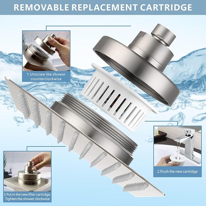 Large Rain Shower Head with Filtered - 12" All Metal Square Rainfall Showerhead Filter for Remove Chlorine and Harmful Substances, Brushed Nickel