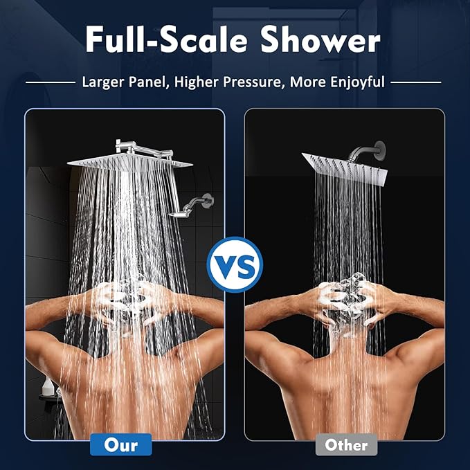 PDPBath All Metal 12" Rainfall Shower Head with 16" Upgrade Flexible Extension Arm, Shower Head with Handheld Combo,70" Extra Long Shower Hose, 3-Way Diverter, Chrome