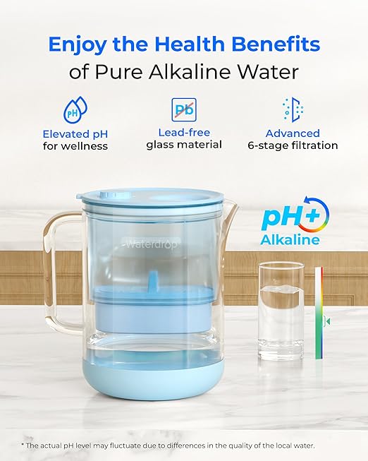 Waterdrop Glass Alkaline Water Filter Pitcher with 1 Filter, Enhances Alkaline Water, Eco-Friendly, 7-Cup, for Home and Office, Reduces PFOA/PFOS, Chlorine, Cadmium, Copper, Mercury, Blue