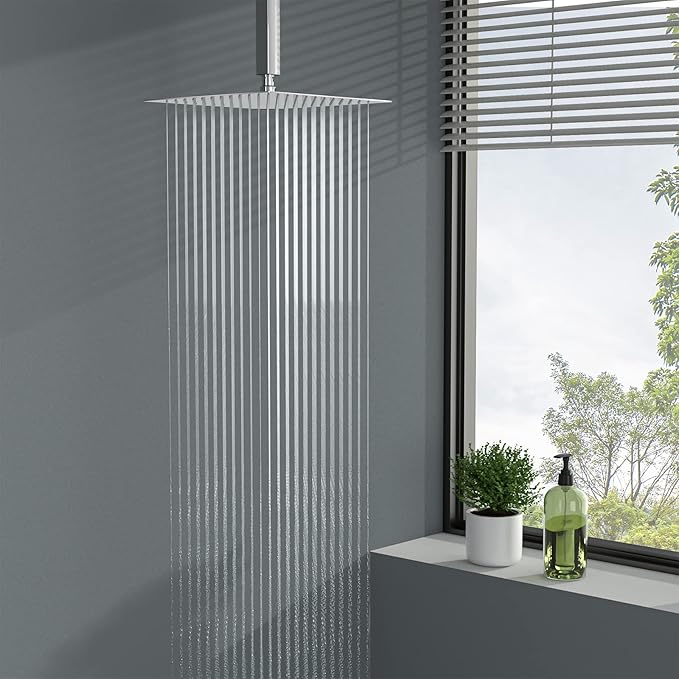 Lordear 16 Inch Rainfall Shower Head Solid Square Ultra Thin 304 Stainless Steel Polish Chrome Rain Shower Head Waterfall Full Body Coverage with Silicone Nozzle
