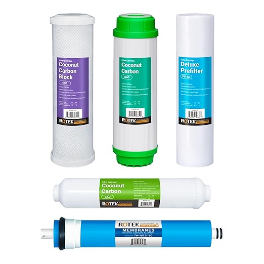Rotek Water Systems Reverse Osmosis Water Filter Set | 5 Replacement Water Filters with 100 GPD Membrane | 6 Month Supply | Under Sink RO Water Filter Kit | PP, GAC, CTO, PC | Universal 10 Inch Size