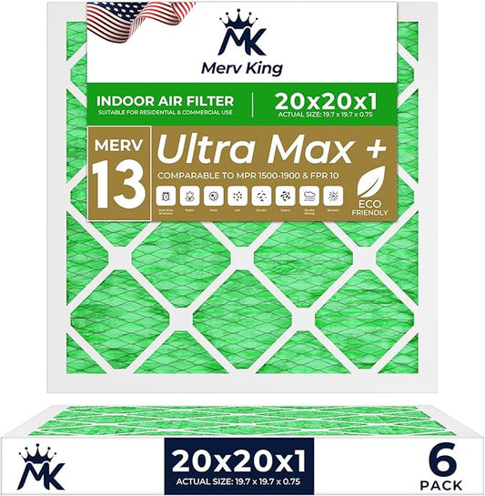 MervKing 20x20x1 Air Filter Actual Size: 19.7" x 19.7" x 0.75" MERV 13 MPR 1500-1900 | MADE IN USA | 6-Pack | Pleated HVAC AC Furnace Replacement