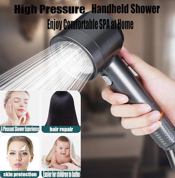 High Pressure Shower Head with Handheld, with Pause Switch 4 Spray Modes Water Saving Filter Showerhead, Showerhead Set with Hose, Bracket and Cotton Filter, Make Bathing Healthier (Grey)