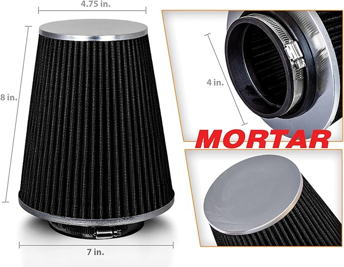 Mortar Aftermarket Auto Air Filter - Car Enthusiast Class Universal Cold Air Intake Gulps in More Air for More Engine Power & Passionate Induction Sound, 8-In-Long, Flange ID 4 In, Black