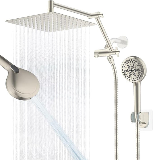 iFealClear Metal Rain Shower Head, 10” High Pressure Rainfall Shower Head with Handheld Spray Combo, 10-Spray Handheld Built-in Power Wash, 16" Shower Extension Arm, 3-Way Diverter, Brushed Nickel