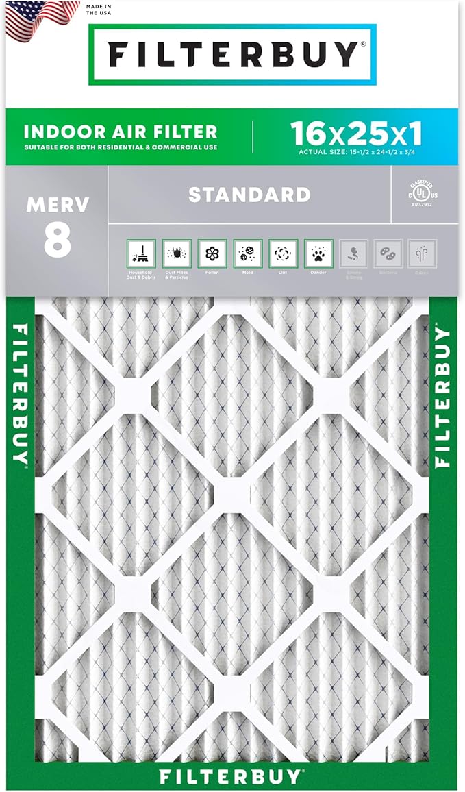 Filterbuy 16x25x1 Air Filter MERV 8 (MPR 700) Dust Defense Replacement (1-Pack), Electrostatic Pleated HVAC AC Furnace Filters, Made in USA (Actual Size: 15.50 x 24.50 x 0.75)
