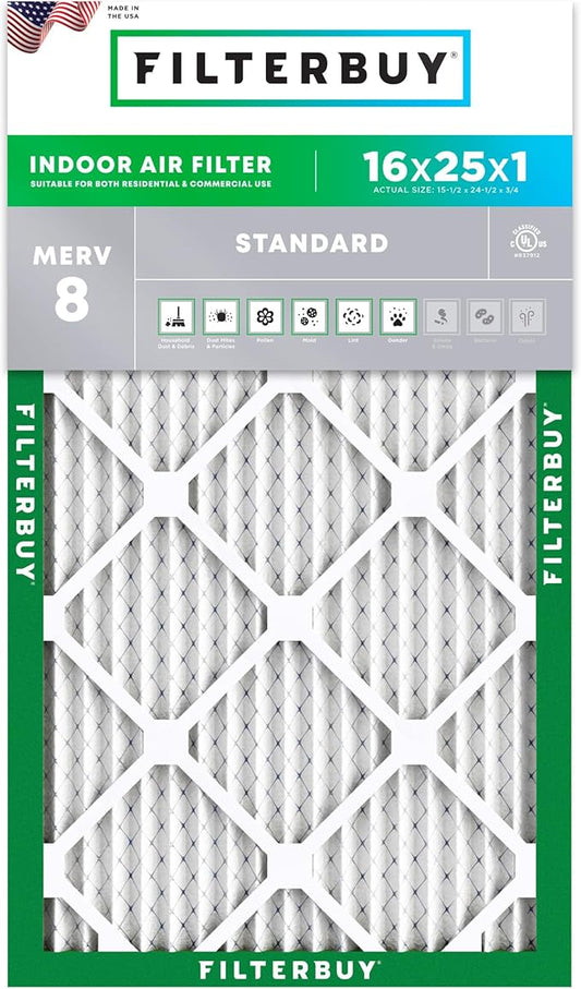 Filterbuy 16x25x1 Air Filter MERV 8 (MPR 700) Dust Defense Replacement (1-Pack), Electrostatic Pleated HVAC AC Furnace Filters, Made in USA (Actual Size: 15.50 x 24.50 x 0.75)