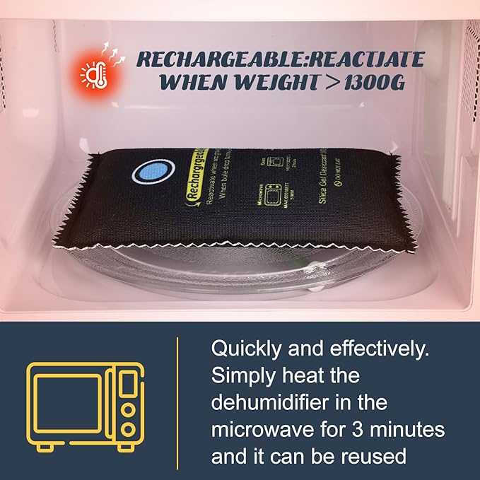 1000g Rechargeable Silica Gel Desiccant Pack of 1, Moisture Absorbers Bag, Discoloration Desiccant Dehumidifier for Dry and Storage Home Closets Gun Safe Cars, Black