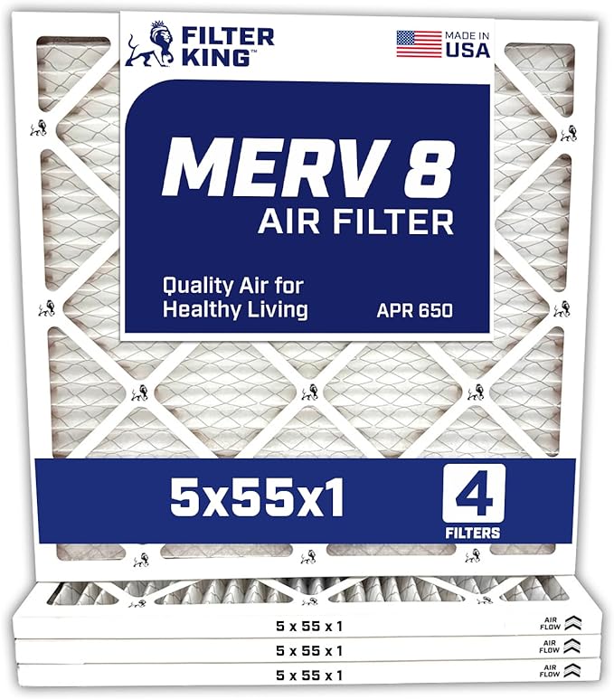 Filter King 5x55x1 Air Filter | 4-PACK | MERV 8 HVAC Pleated A/C Furnace Filters | MADE IN USA | Actual Size: 5 x 55 x .75"