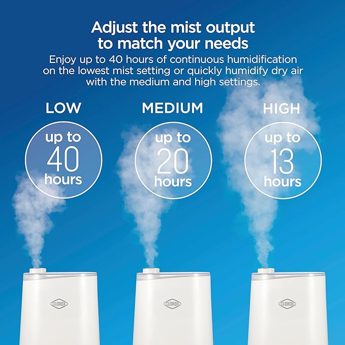 Clorox Air Humidifier for BedRoom with UV LED Light to Reduce Germs and Bacteria, Whisper Quiet, 4L Water Tank for up to 40 Hours of Continuous Steam, Ultra Clean Cool Mist, White (11080)