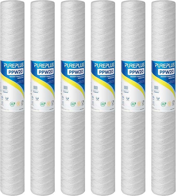 PUREPLUS 5 Micron 2.5" x 20" Whole House String Wound Sediment Filter for Well Water, Replacement Cartridge for Aqua Pure AP110-2C, Pentek P1-20/SP-P1-20/PX01-20, Watts FPMB5-20, WPP-F20-5, 6Pack