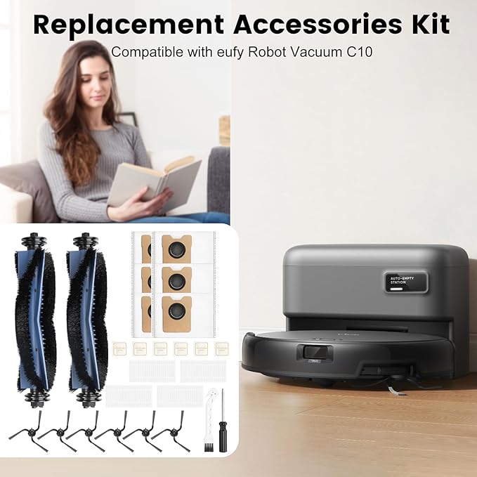 26 Pack Replacement Accessories Compatible with eufy Robot Vacuum C10，2 Mainbrush 4 Filter 6 Dust Bag 6 Sidebrush 1Cleaning Brush 1Screwdriver,6Scented Stick