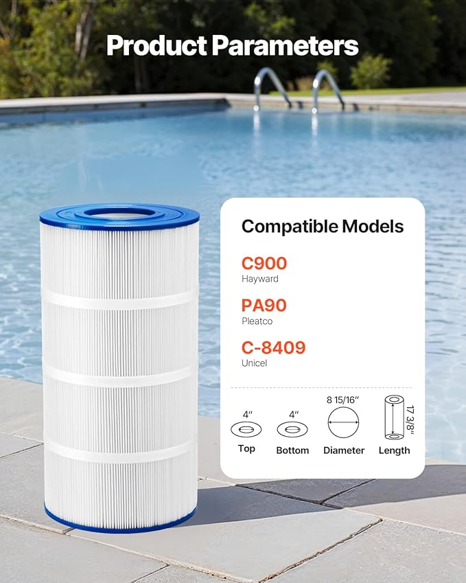 VEVOR C900 Pool Filter Cartridge Replacement for Hayward C900, Replace Pleatco PA90, Hayward CX900RE, Unicel C-8409, 90 sq.ft?L x OD: 17 3/8" x8 15/16"