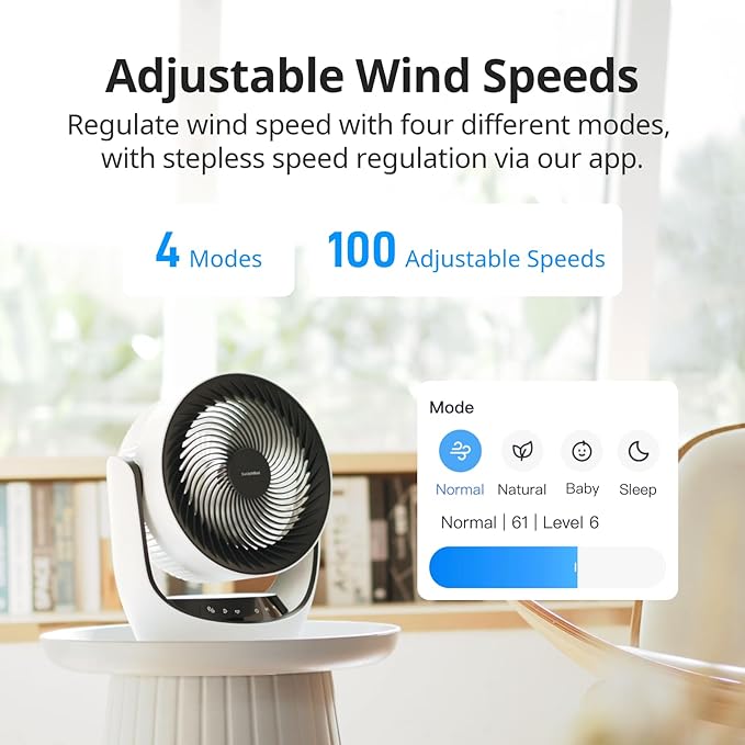 SwitchBot Smart Desk Fan for Bedroom, 22dB Ultra Quiet, 90° Oscillation, Battery Operated, 9 Speeds, 9H Timer, Alexa/Google/Siri Compatible (Hub Required), Portable Air Circulator for Indoor & Outdoor