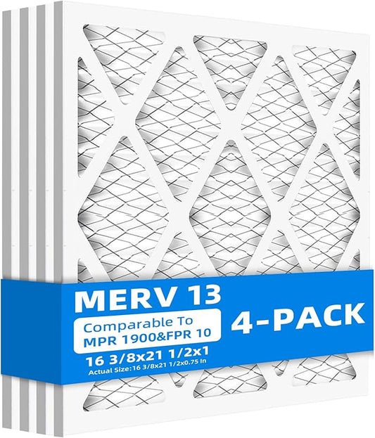 (4 Pack) 16 3/8x21 1/2x1 Furnace Air Filters, MPR 1900 & FPR 10, MERV 13 Pleated Air Filter (Actual Size: 16 3/8"x21 1/2"x3/4")