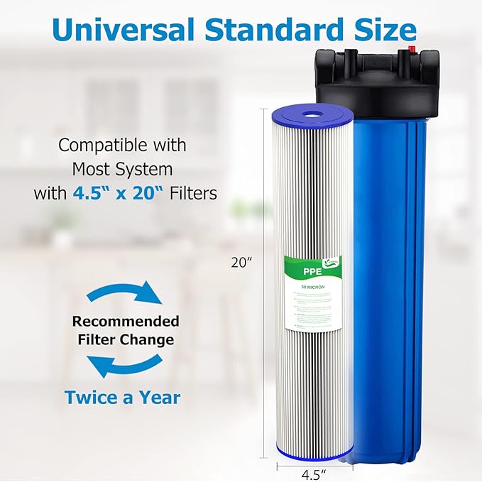 50 Micron 20-Inch Whole House Heavy Duty Water Filter Replacement Cartridge, Pleated Sediment Water Filters 4.5" x 20" for Well Water, Compatible with ECP5-20BB, R30-20BB, SPC-45-2050, 2 Pack