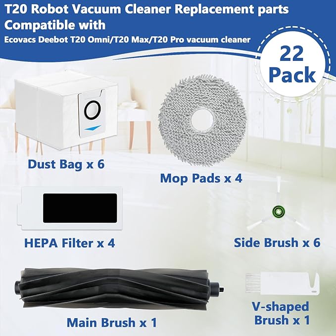 22 Pack Replacement Parts for ECOVACS T20 Omni/Max/Pro,Ecovacs T20 Max Vacuum Cleaner Accessories Kit, 1 Main Brush, 4 Hepa Filters, 4 Mop Pads, 6 Vacuum Bags, 6 Side Brushs, 1 V-shaped brush