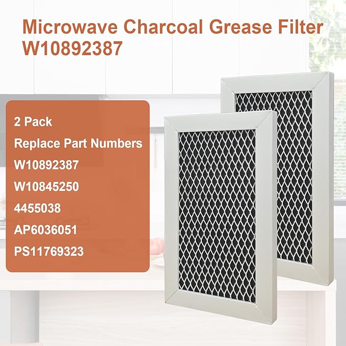 2 Pack W10892387 Microwave Charcoal Grease Filter for Whirlpool, Maytag, Amana Over-The-Range Microwave Charcoal Grease Filter Replaces 4455038, PS11769323, W10845250，AP6036051, 5.27 x 3.3 x 0.39"