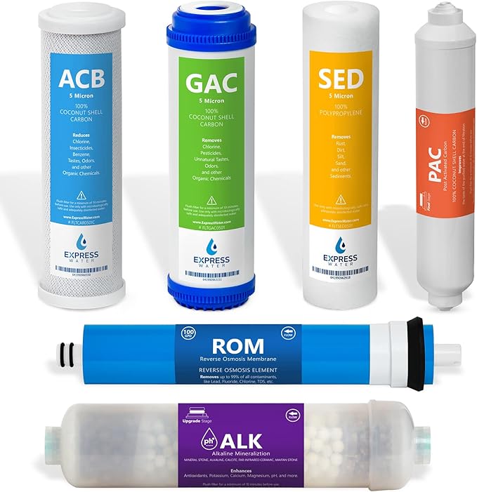 Express Water – 6 Month Alkaline Reverse Osmosis System Replacement Filter Set – 6 Filters with 100 GPD RO Membrane – 10 inch Size Water Filters