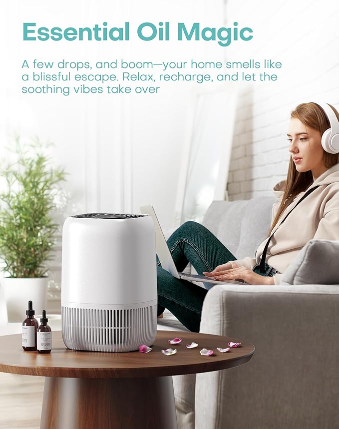 Air Purifiers for Home with H13 True HEPA Filter Up to 1076 Ft² for Pet Hair, Odors, Pollen, Smoke, Compact Air Cleaner with 3 Speeds, Timer, Aroma Quiet 360°Intake Filter, White