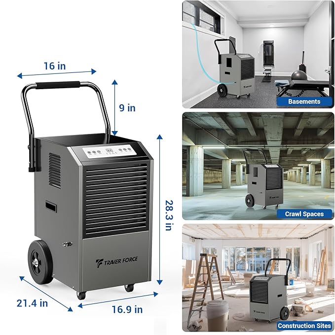 Traver Force Commercial Dehumidifier, 140 Pint Large Dehumidifier with Pump Drain Hose, Up to 5,000 sq. ft, for Crawl Space, Basement, Warehouse, Water Damage Restoration, Job Sites