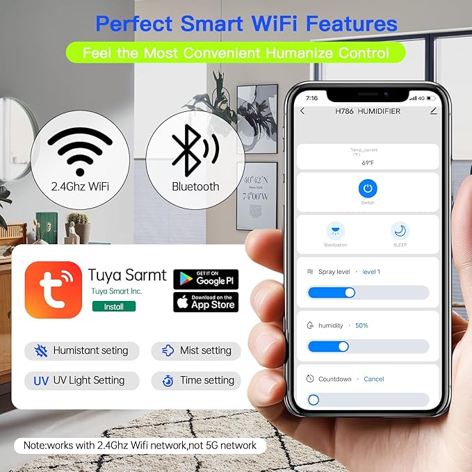 Smart Humidifiers Large Room Bedroom Home, 2.11Gal(8L) Quiet Top Fill Cool Mist Humidifier, Smart App & Remote Control, 3 Speed Humidifier with 360° Nozzle, Humidity Setting for Baby Office(Blue)