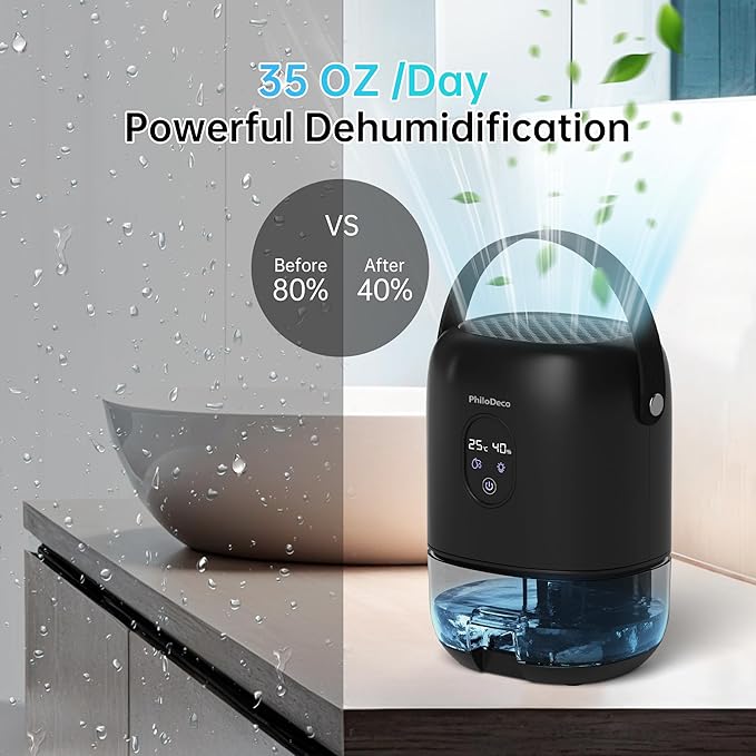 PHILODECO 280 Sq. Ft 35 OZ Dehumidifier, Portable Small Dehumidifiers for Bedroom, Bathroom, Basement,RV with CO mode, Sleep mode, Auto Shut Off, 7 Colorful Lights, Black