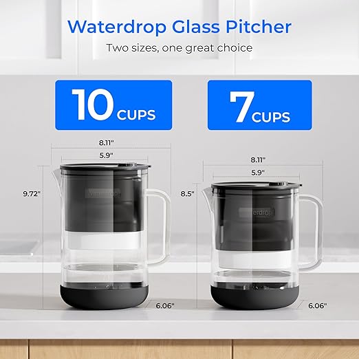 Waterdrop Large Glass Water Filter Pitcher, Eco-Friendly, with 1 NSF 53&42&372 Certified Filter, 10-Cup, Reduces PFOA/PFOS, Chlorine, Cadmium, Copper, Mercury, BPA Free, Easy to Clean, Black
