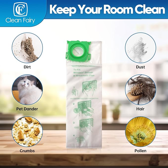 CF Clean Fairy 12Pack Micro Synthetic Cloth Bags Compatible With Sebo C G & X series & Windsor Sensor S12 S15 XP12 XP15 XP18 SR12 SR15 SR18 Versamatic Plus Replacement for 5093AM Vacuum Filter Bags