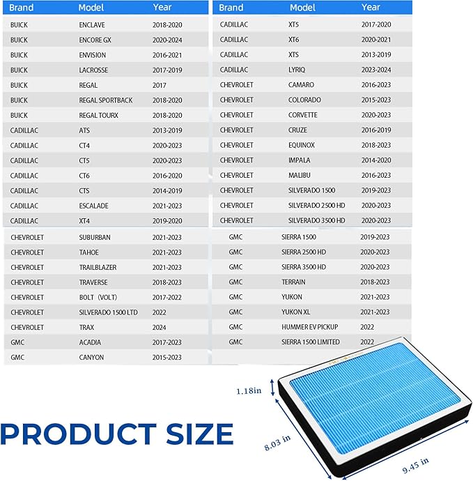 CF11966 Cabin Air Filter with 2016 2017 2018 2019 2020 2021 2022 Chevy Silverado 1500 2500 3500 HD Tahoe Colorado Cruze Equinox Impala Malibu Blazer Cadillac GMC Carbon Accessories Air Filters