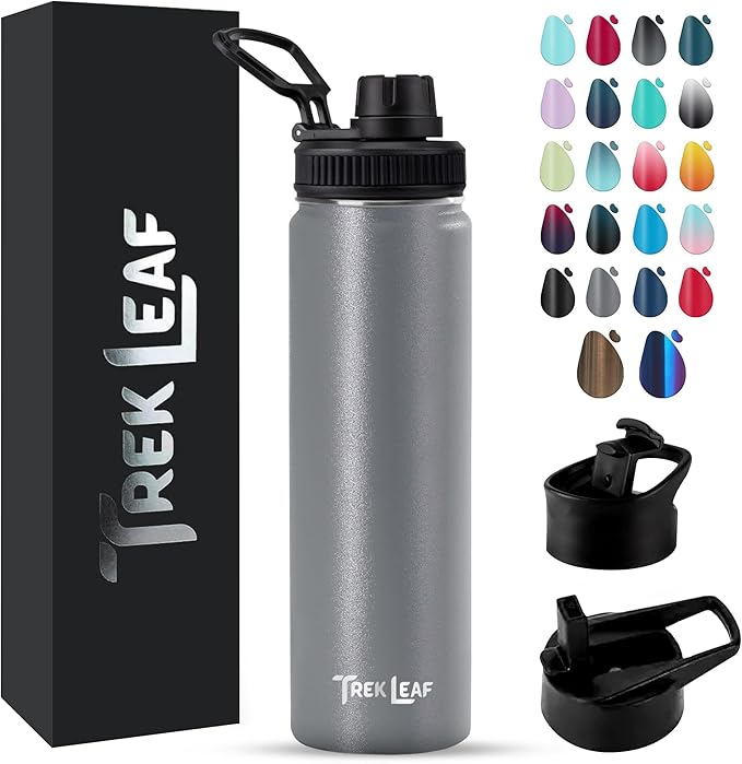 Travel Water Bottle with 3 Lids (Spout, Straw, Flip) Leak Proof, Quality, Vacuum Insulated, Stainless Steel (Gray, 22 oz)